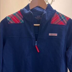 Vineyard Vines Navy Quarter-Zip Sweater with Red Plaid Accents